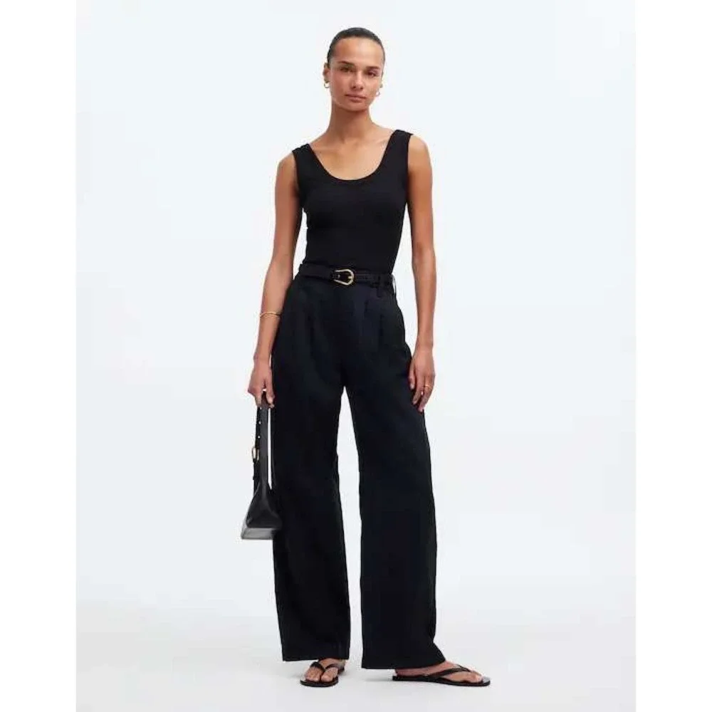 Madewell The Harlow Wide Leg Pant Women 2 Black Pleated Linen Blend Trousers